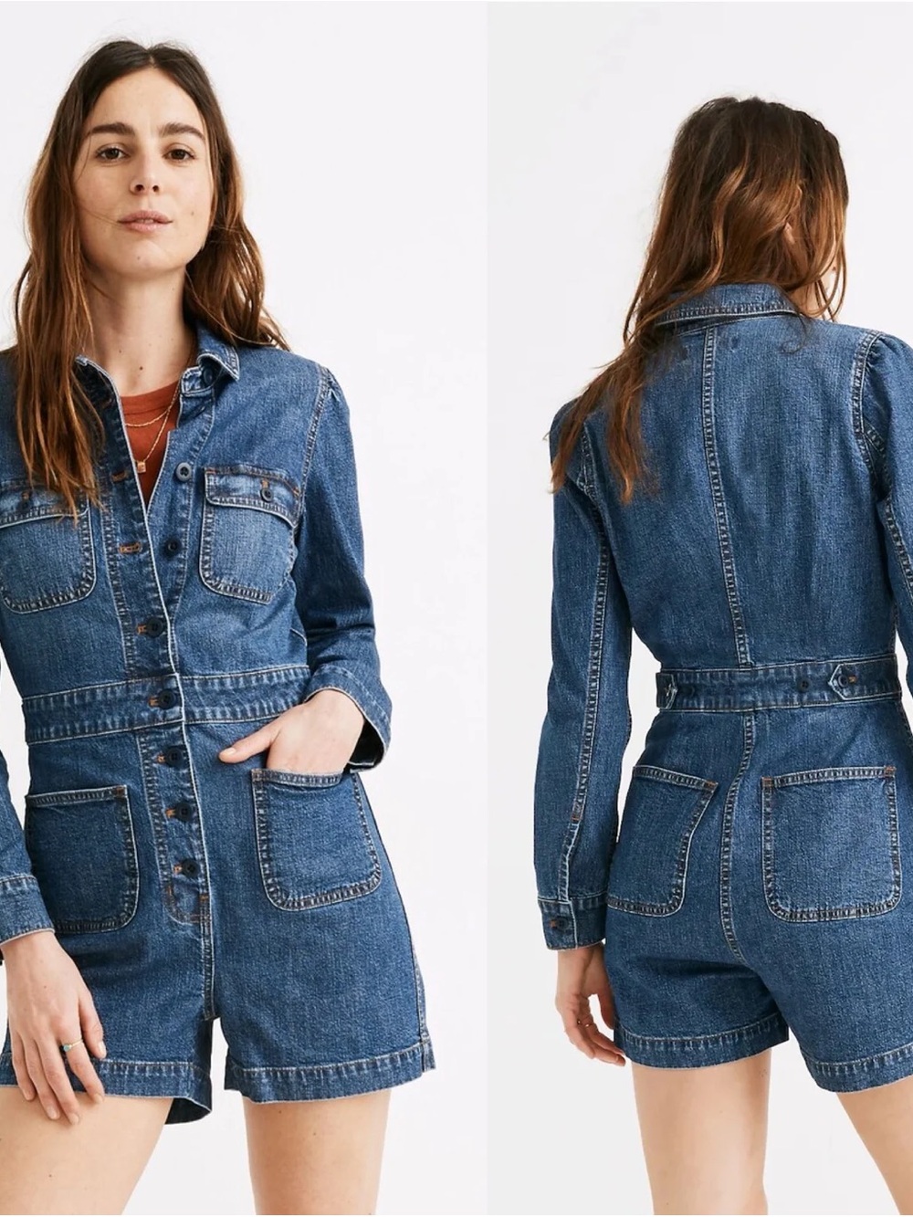 $128 Madewell Blue Denim Long-Sleeve Jumpsuit Short Romper in Vasey Wash